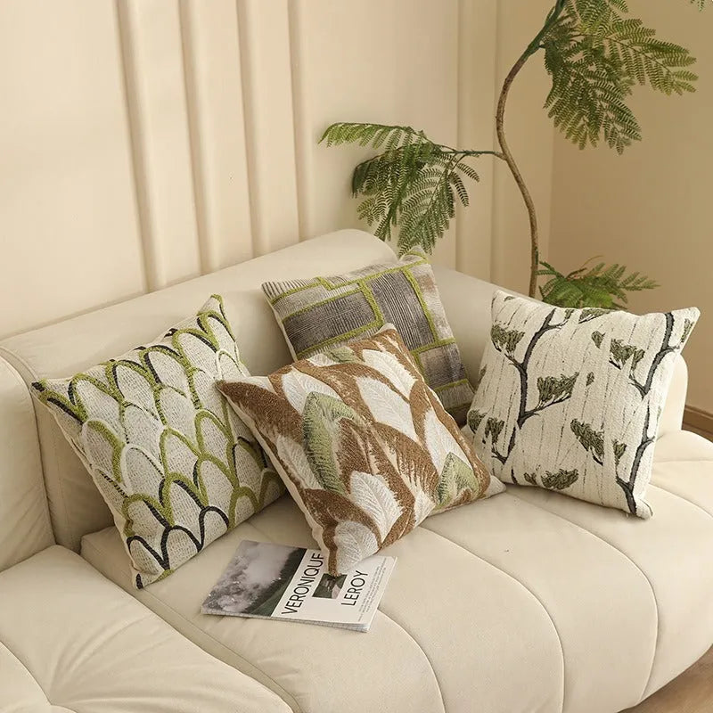Yarn-dyed Jacquard sofa pillow cover with plant and flower pattern in a 45x45cm square.
