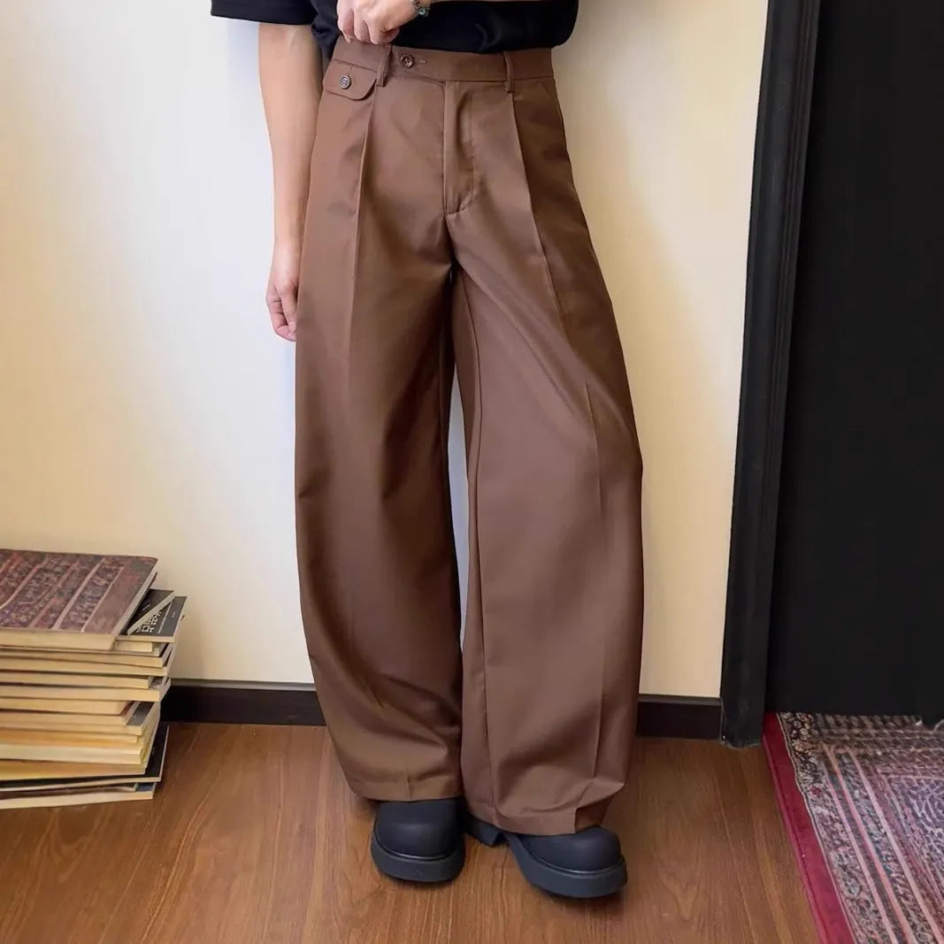 Men's straight-leg wide-leg casual suit pants in black and brown, loose drape fit
