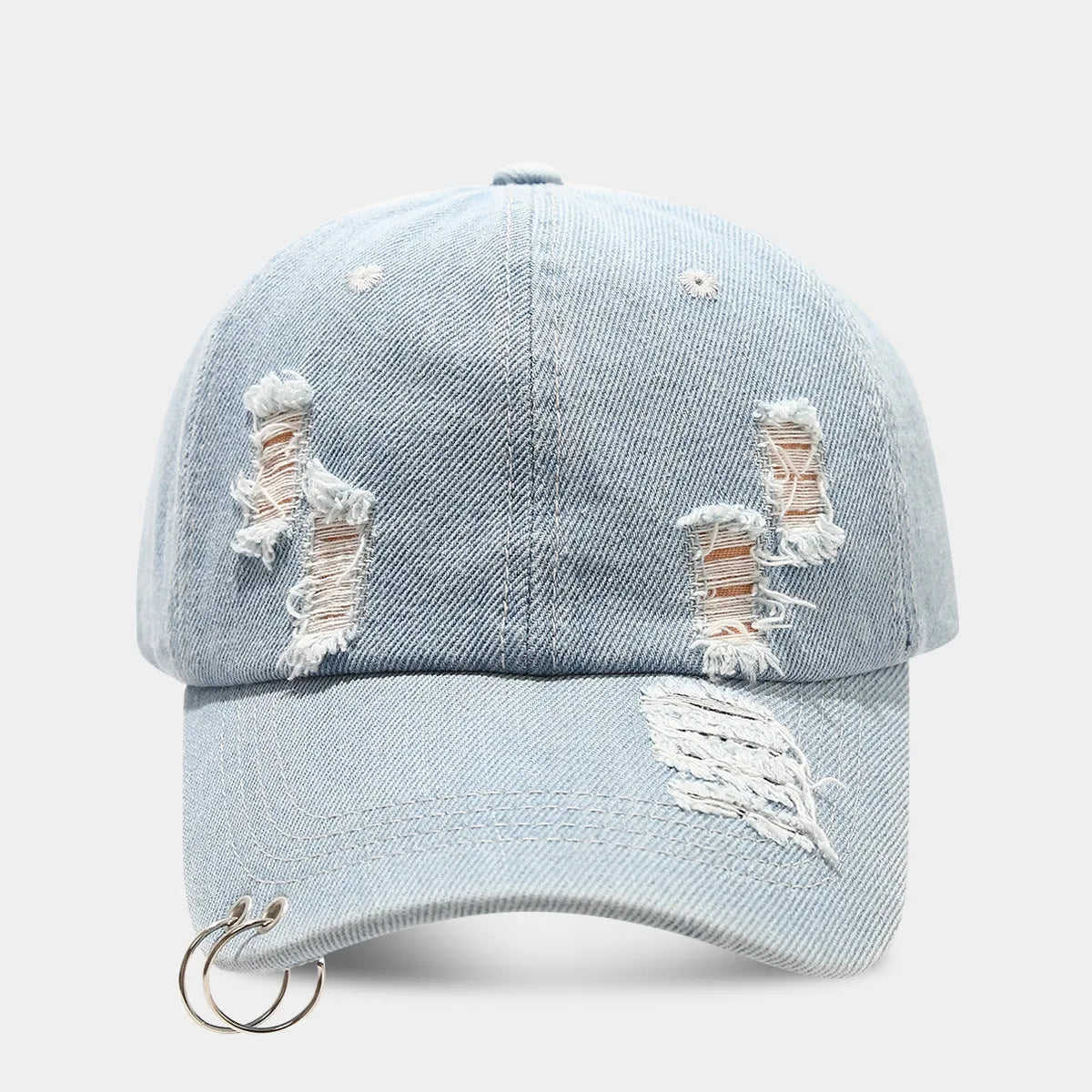 Men's adjustable denim peaked cap with dome crown in light blue jeans colour