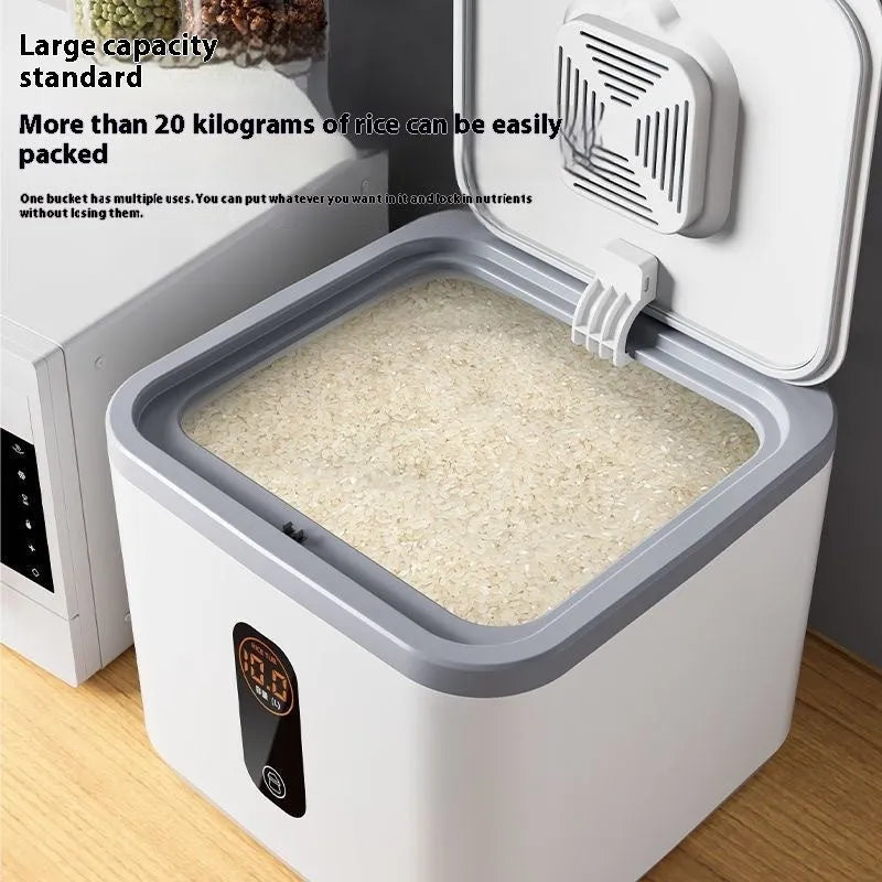 Grey plastic rice storage jar with sealed lid and measuring cup for kitchen pantry organisation