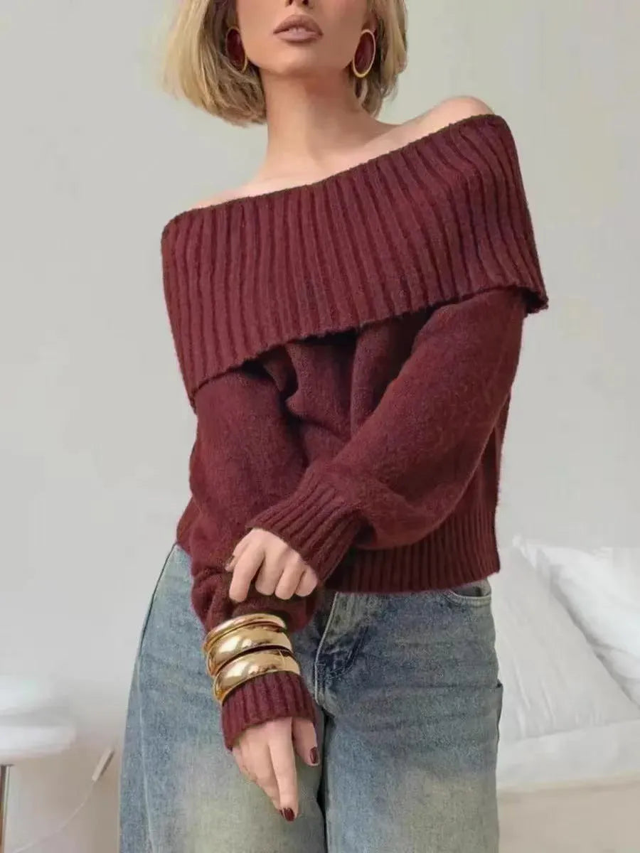 Grey off-the-shoulder sweater with 3D pattern texture and regular sleeves