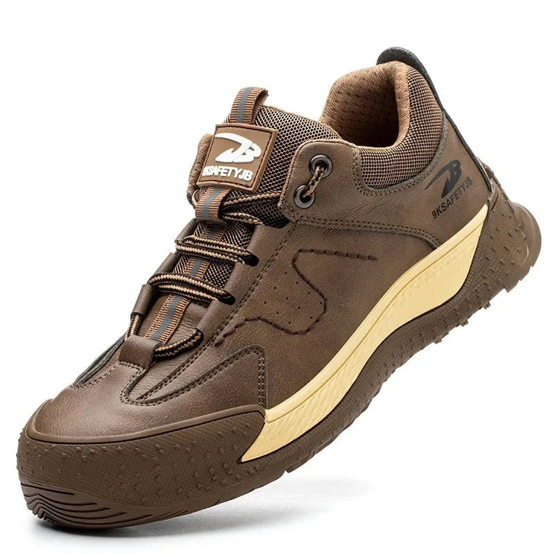 Flyknit leather work shoes with rubber sole, shown in black, brown, grey, and khaki colours.