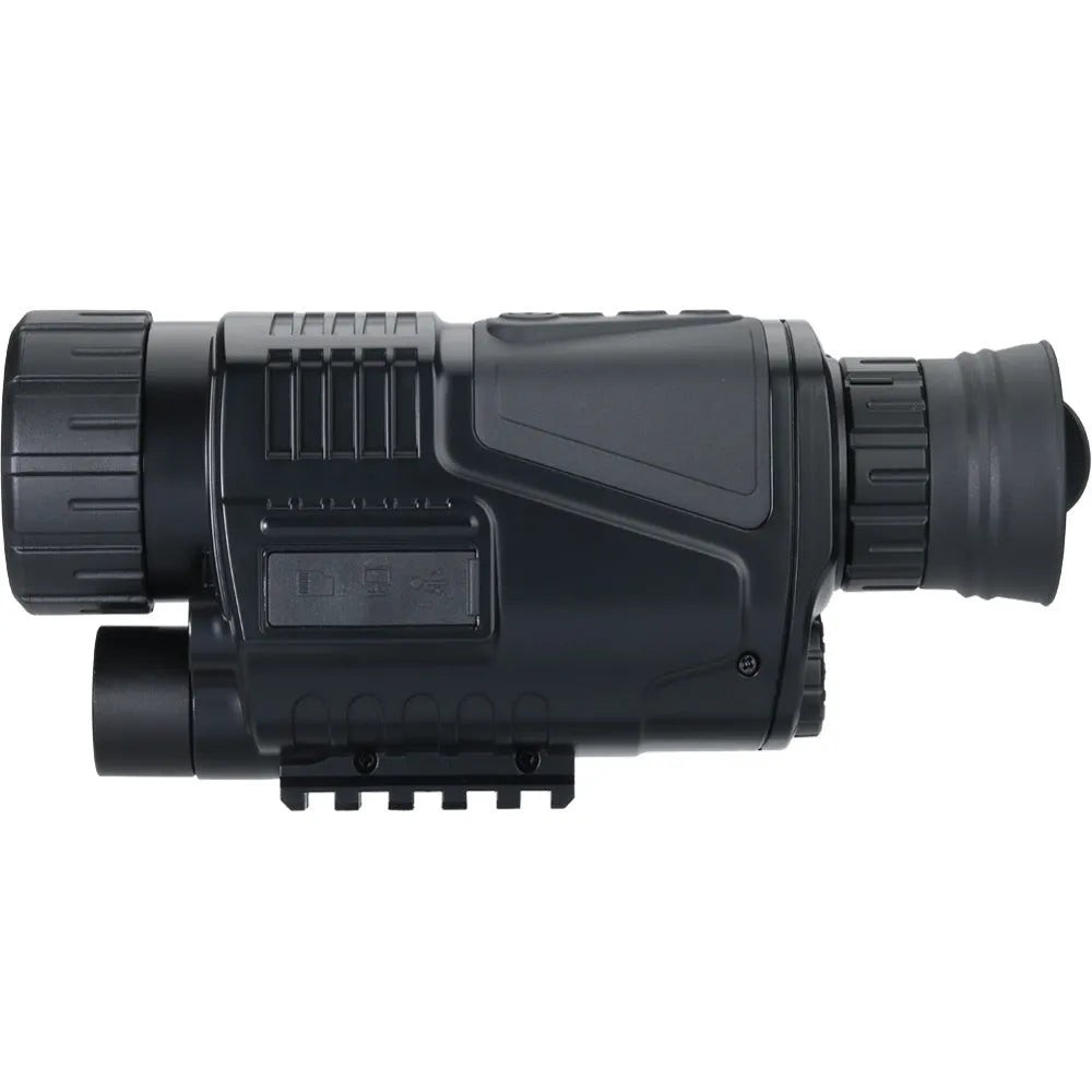 Black digital night vision telescope with 40mm lens, rubber-coated body, shown with storage bag and cables.