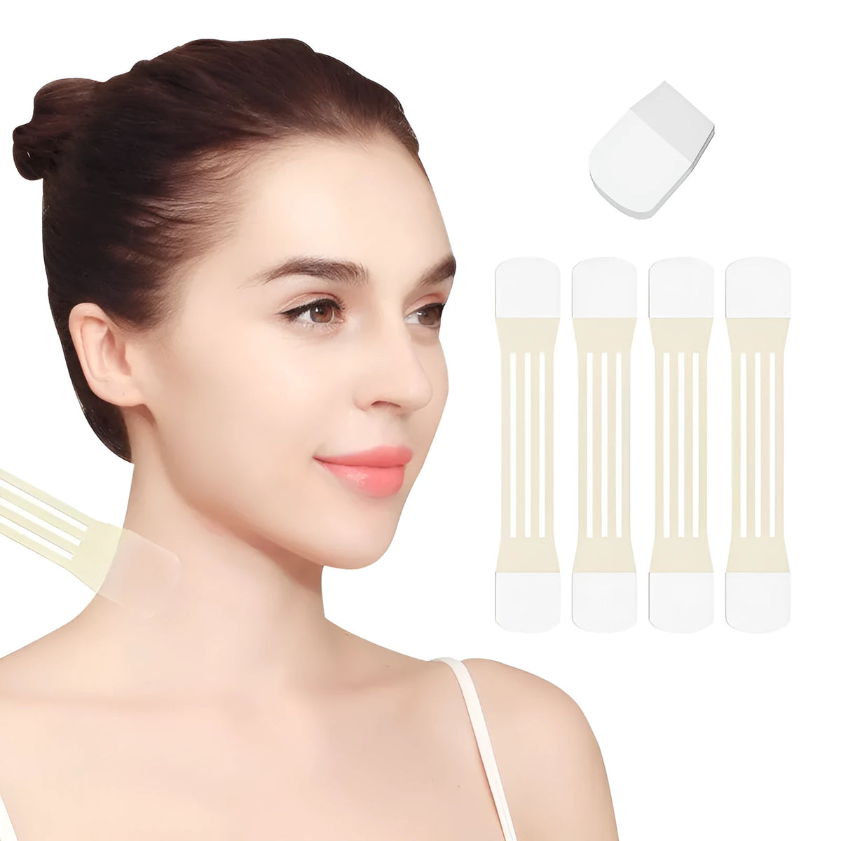 V27 skin tone neck firming tape strips and adhesive patches on packaging.