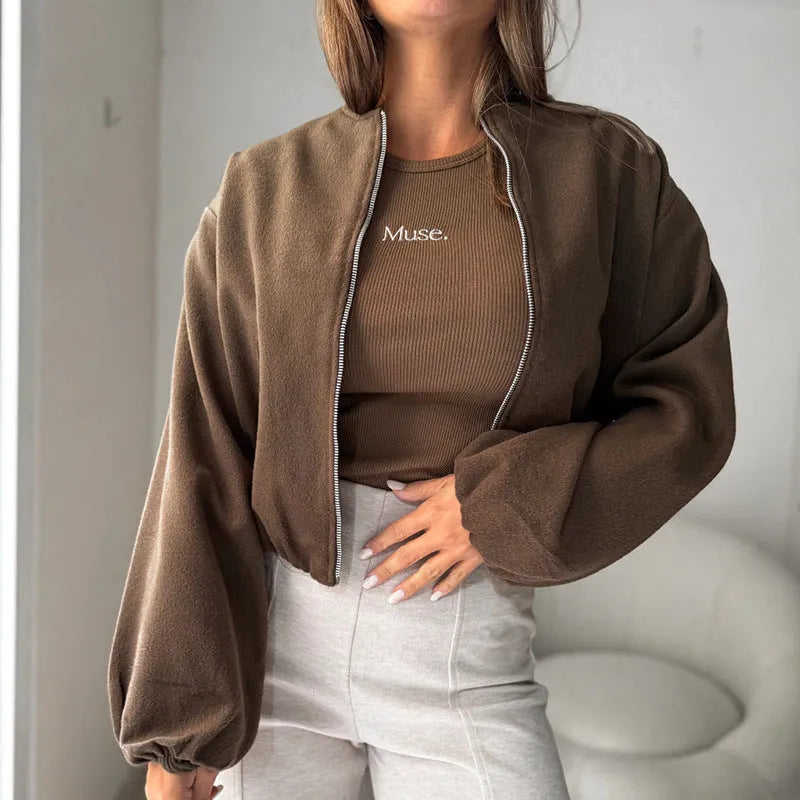 Women's off-shoulder short coat with lantern sleeves in milky white colour