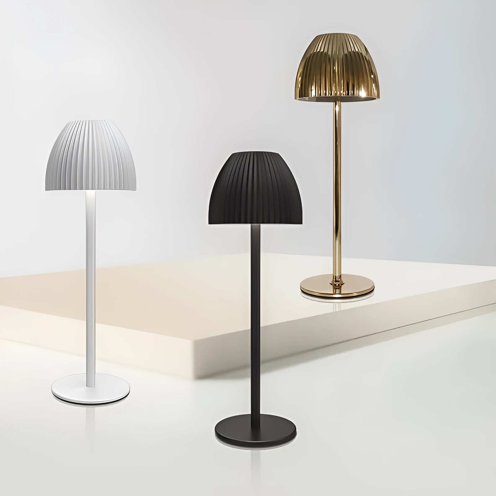 Modern dimmable bedside night lamp with thin round base in black or white finish