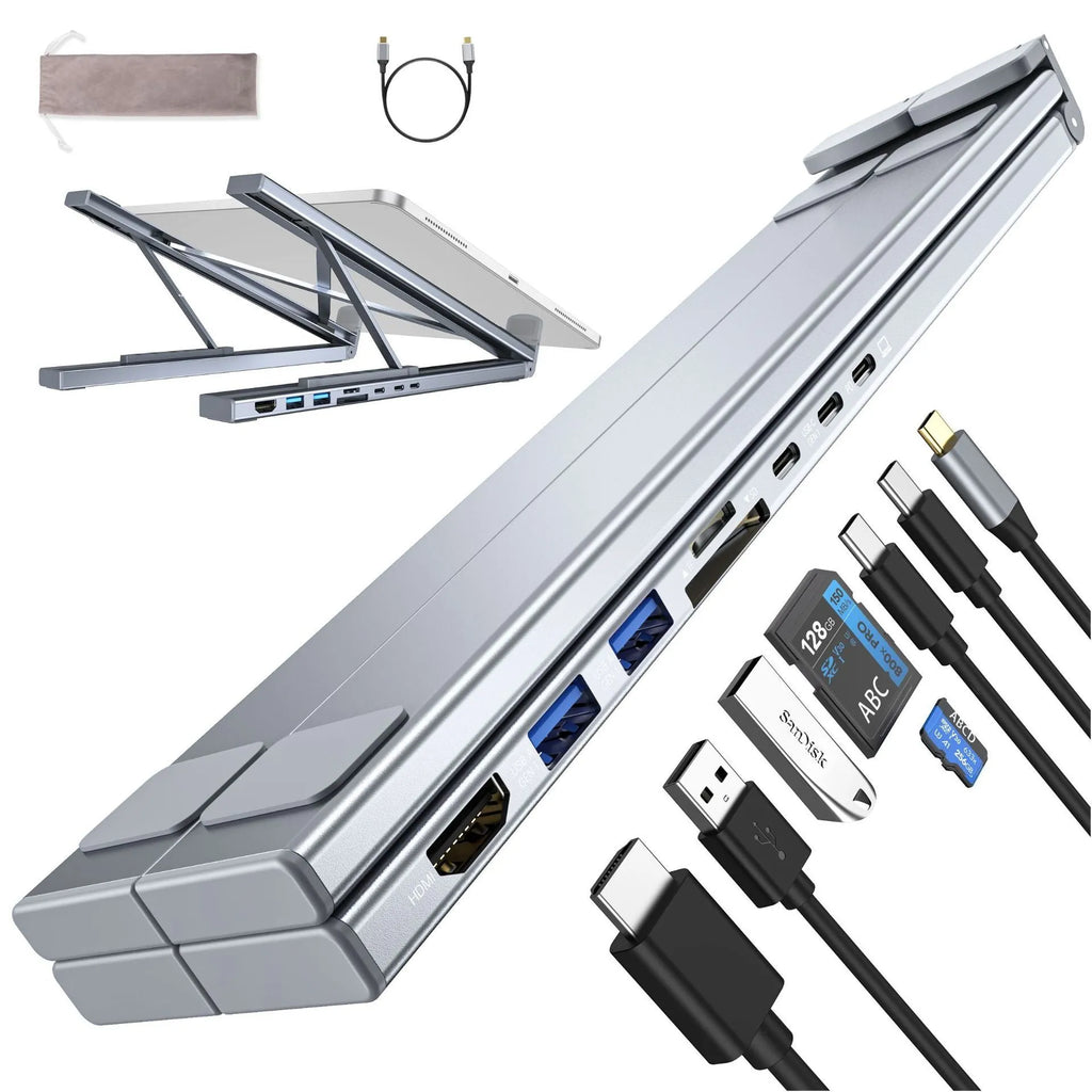 Aluminium folding laptop stand with integrated 8-in-1 docking hub showing ports and 0.6m cable