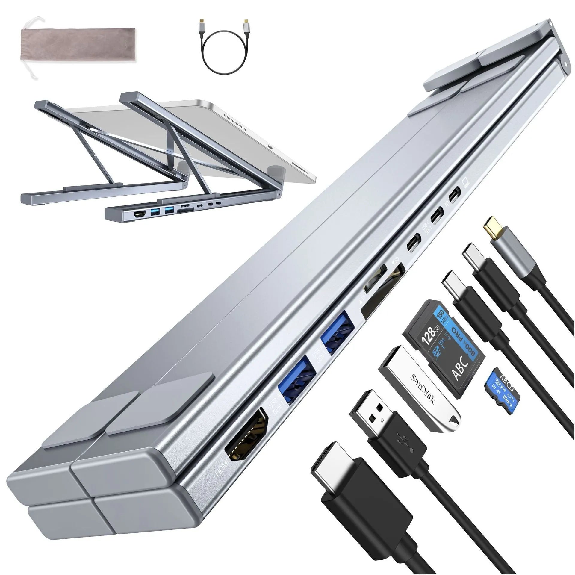 Aluminium folding laptop stand with integrated 8-in-1 docking hub showing ports and 0.6m cable