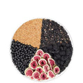 Packets of black wolfberry mulberry herbal tea with flaxseed and fig blend, shown with a free cup