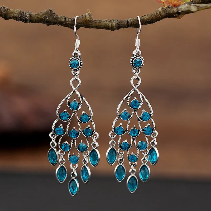 Purple retro ethnic style long fringe drop earrings with crystal details on alloy base