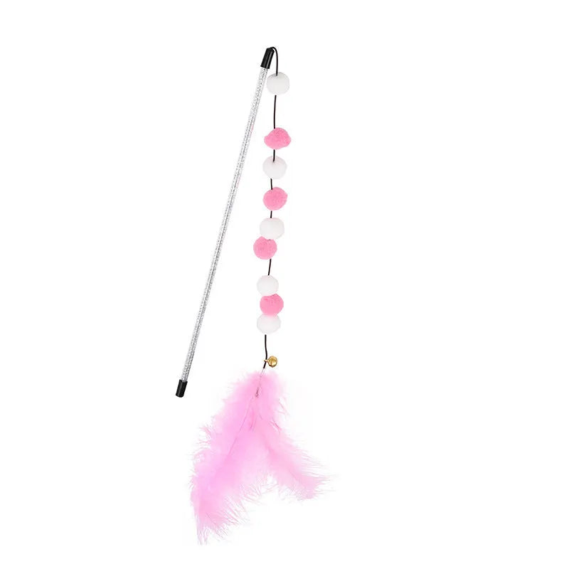 Colourful cat teaser stick with bell, feather, and acrylic pom-pom attachments on 31cm stick