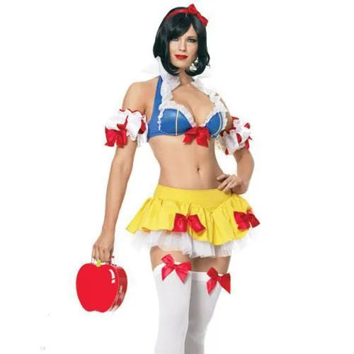 Snow White Halloween costume dress set with headdress, ruffled sleeves, and short skirt