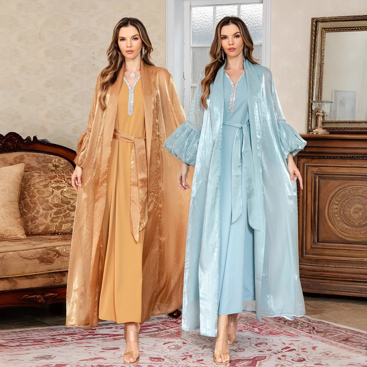 Arabic style two-piece evening dress with rhinestone embellishment and long sleeves in blue colour