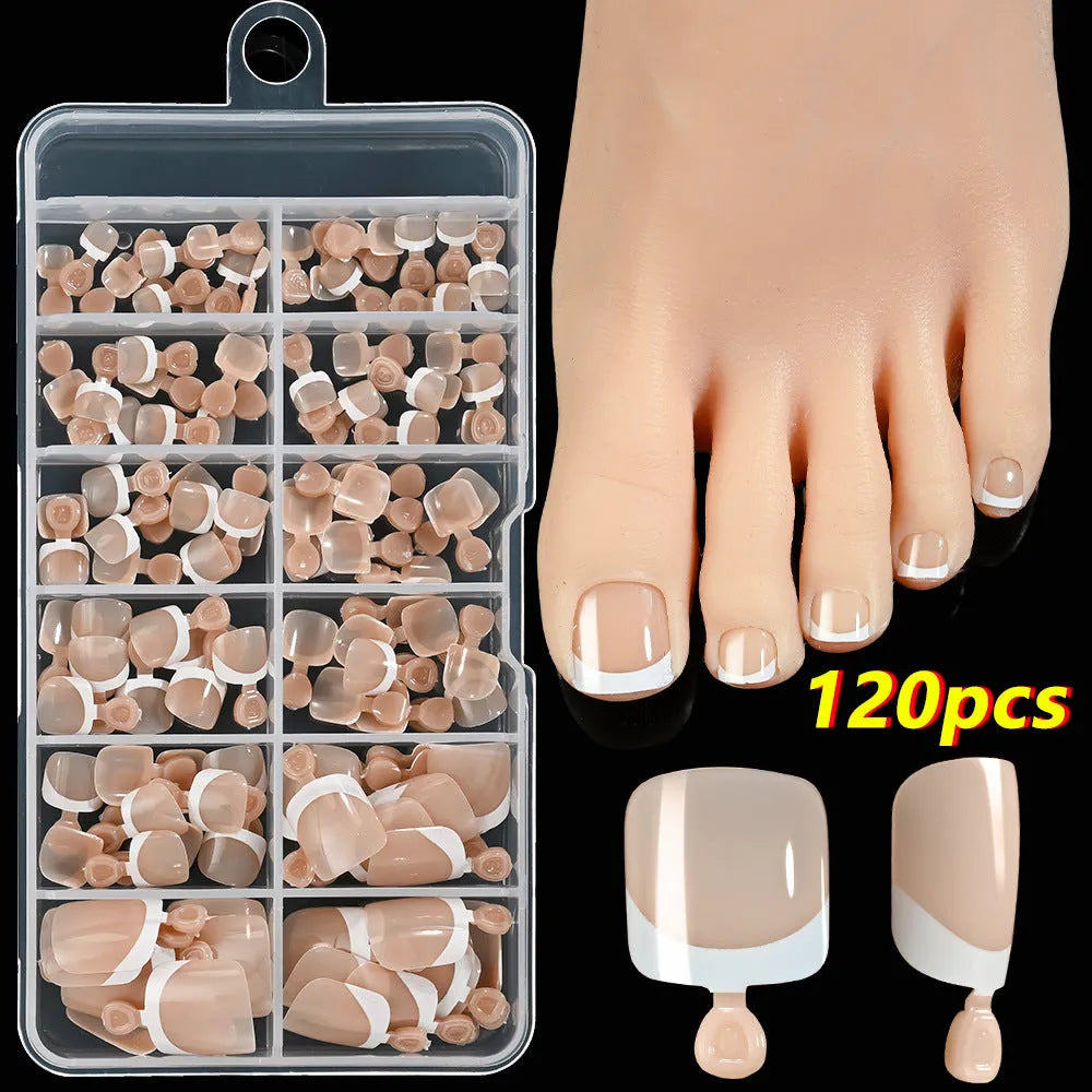 Box of 120 square short false nail pieces with French white edge design in nude colours