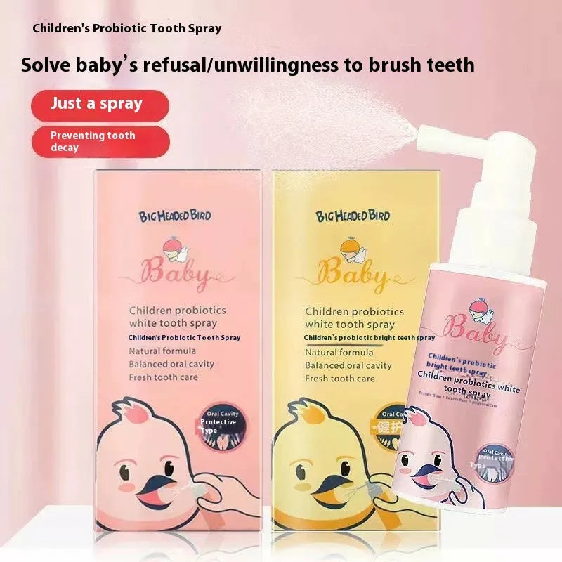 Children's probiotic white teeth cleaning spray bottle in strawberry and orange flavours