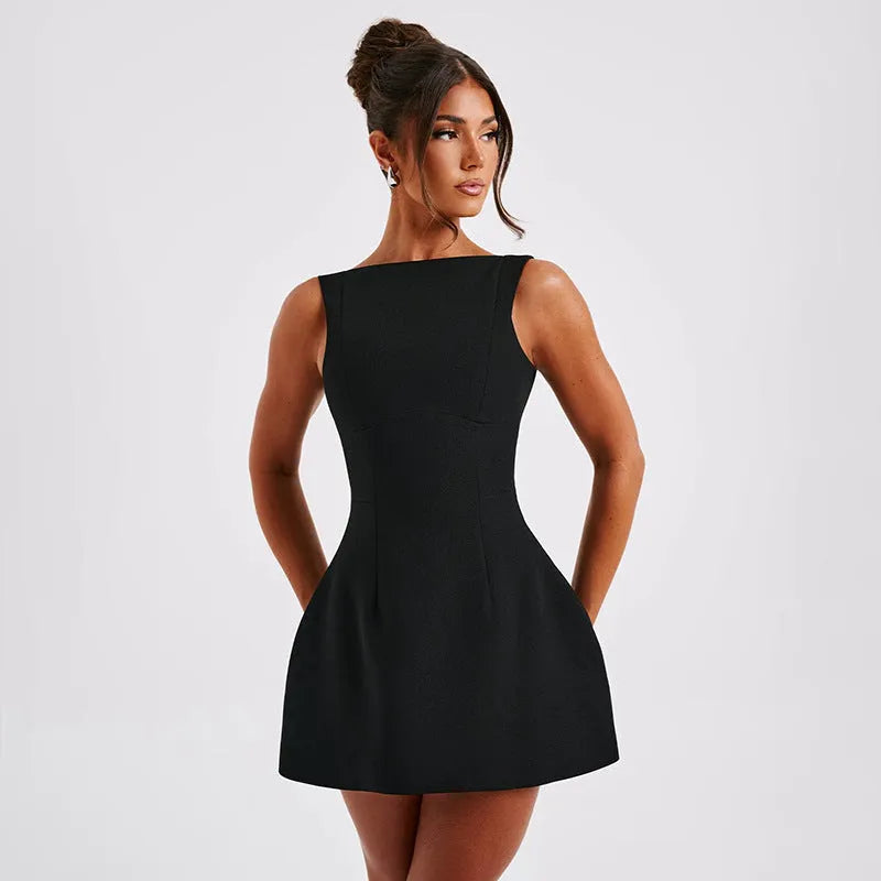 Slim-fitting backless sleeveless summer dress with high waist and short skirt