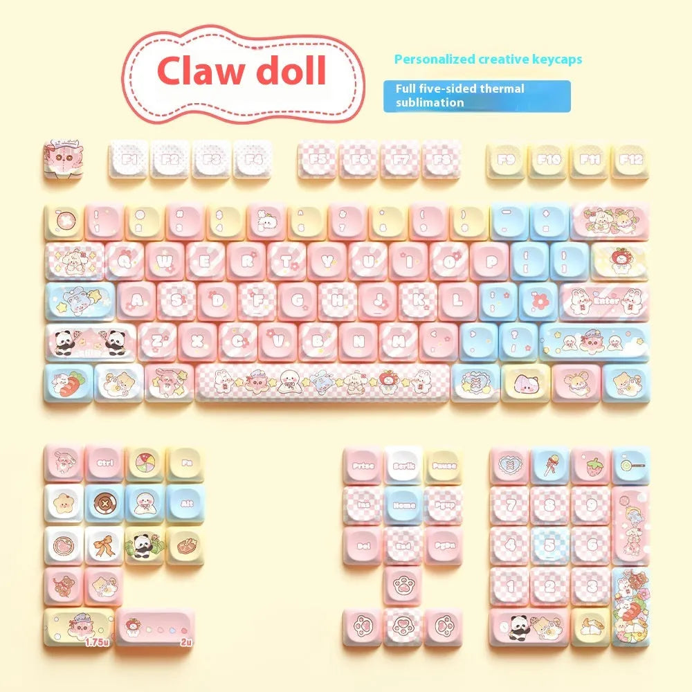 Doll-themed mechanical keyboard keycap set with sublimation dye colours showing anime character designs