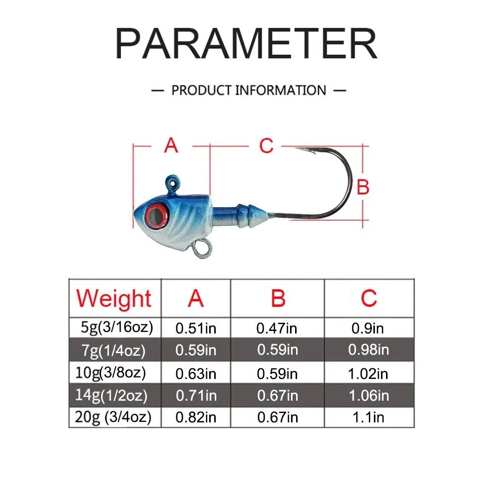 Simulation Yayu shaped lead head fishing hook lures in blue, silver, and yellow colour options.