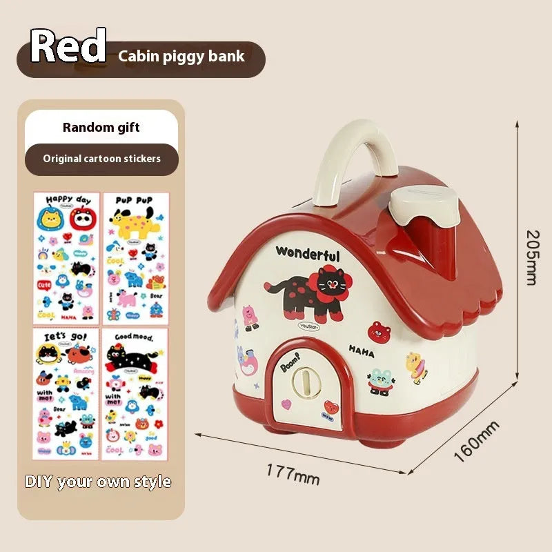 Cartoon-style plastic desktop organiser with grid compartments and labelling stickers for stationery storage