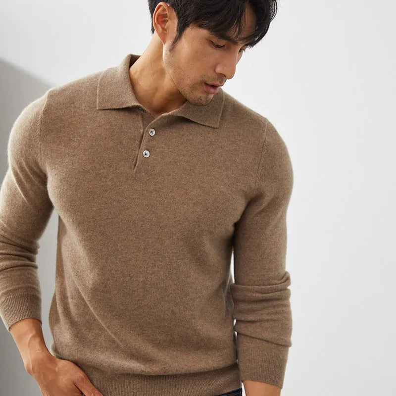 Men's cashmere pullover sweater with polo collar in sapphire blue colour option