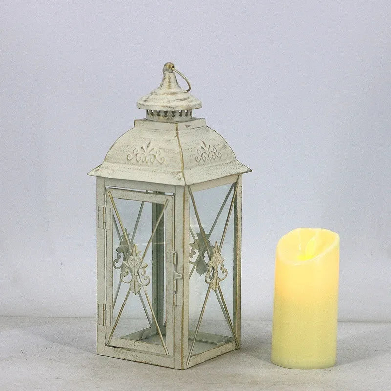 European style wrought iron floor-standing storm lantern with tempered glass panels for garden decoration