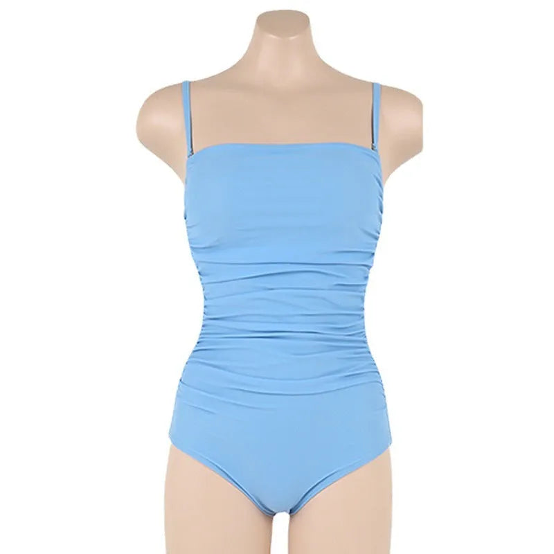 Sling style one-piece swimsuit with belly pleats in a slim fit, shown in blue colour