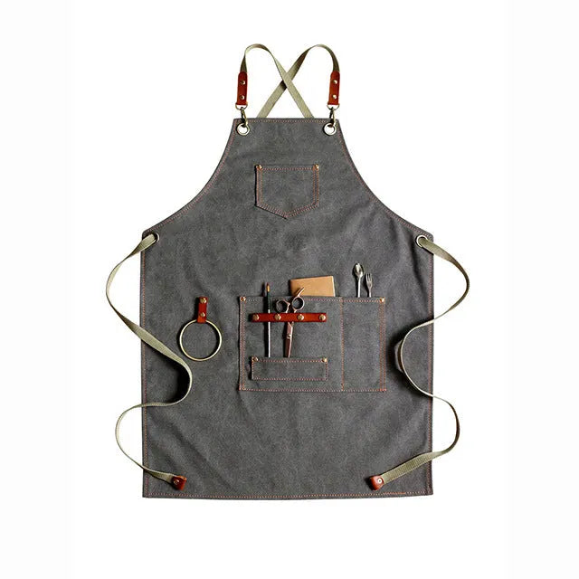 Han style canvas apron with cross-back straps in solid camel colour for cafe baking work