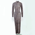 Leopard print stand collar long sleeve dress with high waist and hip skirt design