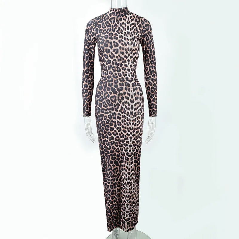 Leopard print stand collar long sleeve dress with high waist and hip skirt design