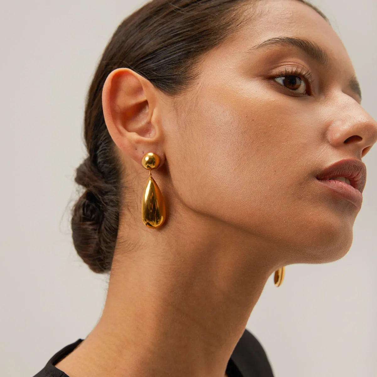 Gold stainless steel hemisphere water drop pendant earrings with electroplated finish for women