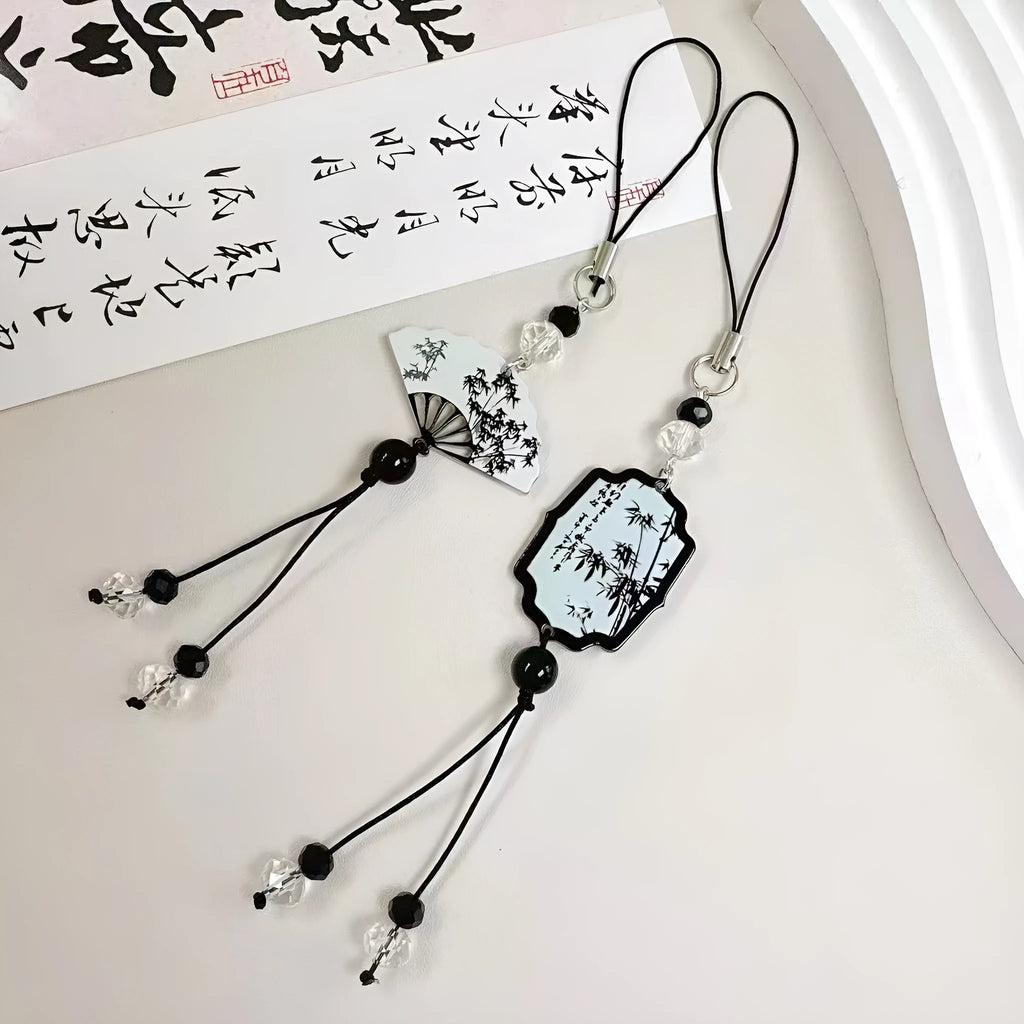 Guofeng style bead pendant keychain with plants and flowers pattern in baked varnish finish.