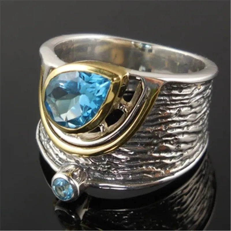Blue alloy women's ring with Chinese style design and inlaid rhinestone zircon in drop shape
