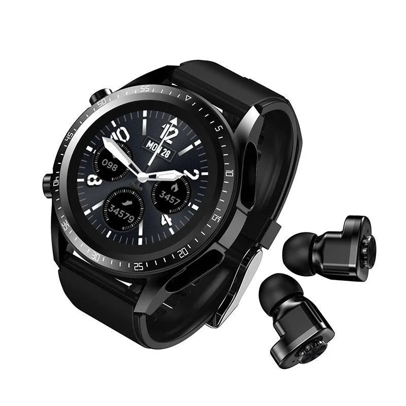 Black smart watch with blood pressure monitoring on silicone wrist strap showing 1.28-inch screen