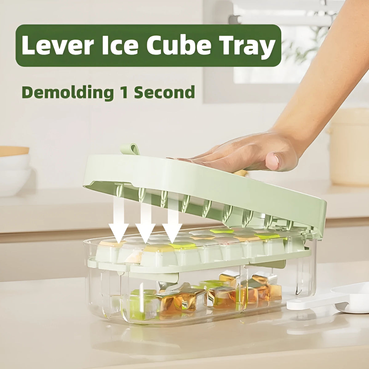 Yellow high-capacity plastic ice cube tray with leverage design and integrated shovel storage slot