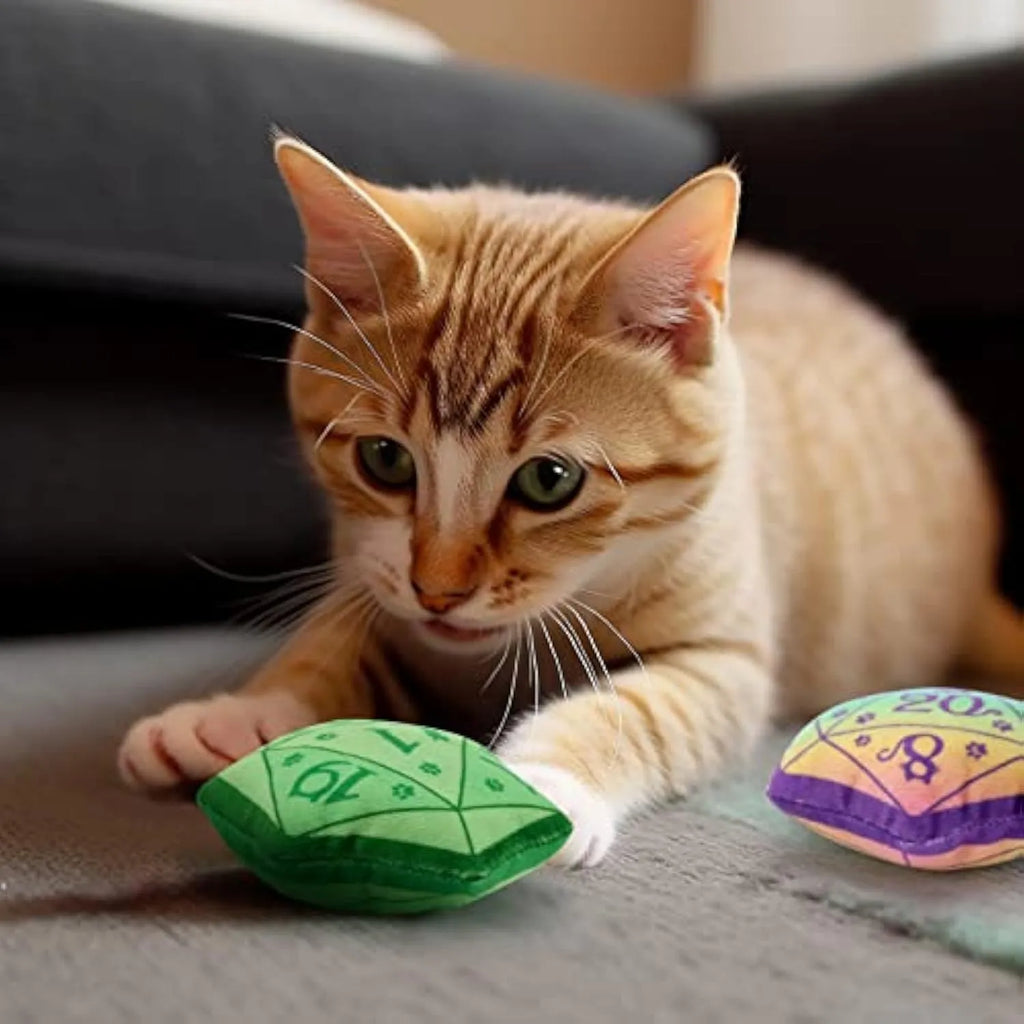 Blue dice-shaped catnip toy with organic catmint filling for interactive feline play