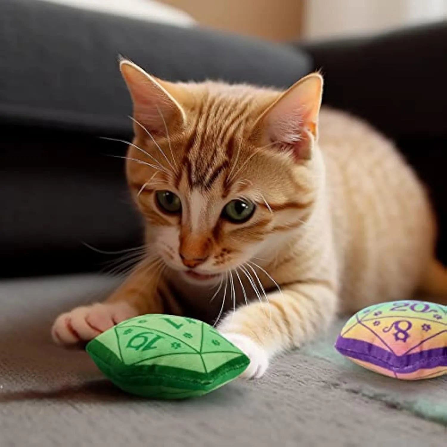 Blue dice-shaped catnip toy with organic catmint filling for interactive feline play