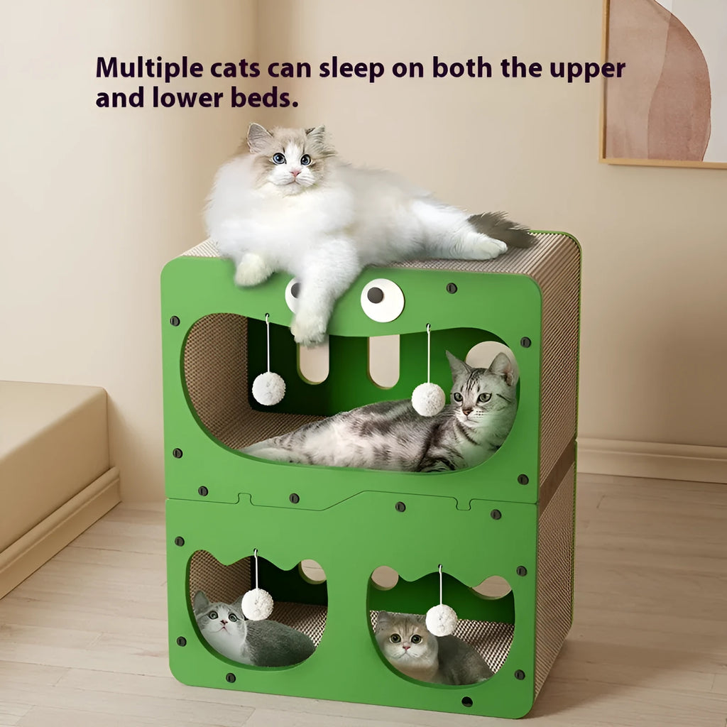 Double-layer cat scratching board and nest in a choice of styles including big eyes, cat head, owl, or double door.