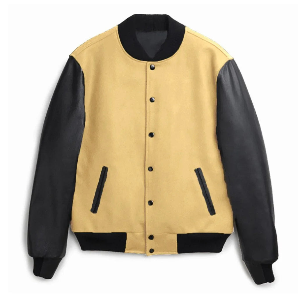 Men's PU leather sleeve spliced flight jacket in black with colour block pattern and side seam pockets