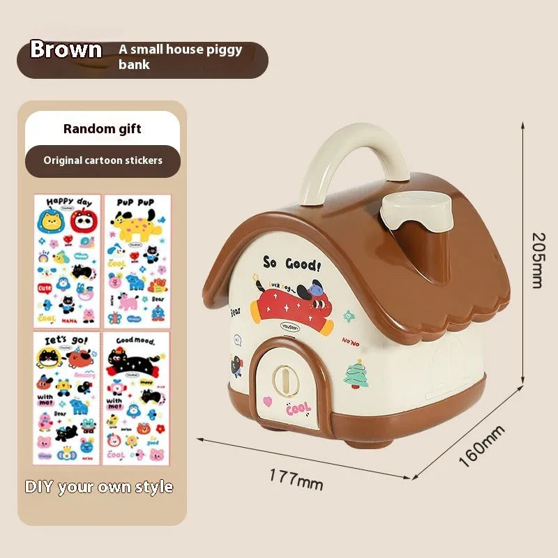 Cartoon-style plastic desktop organiser with grid compartments and labelling stickers for stationery storage