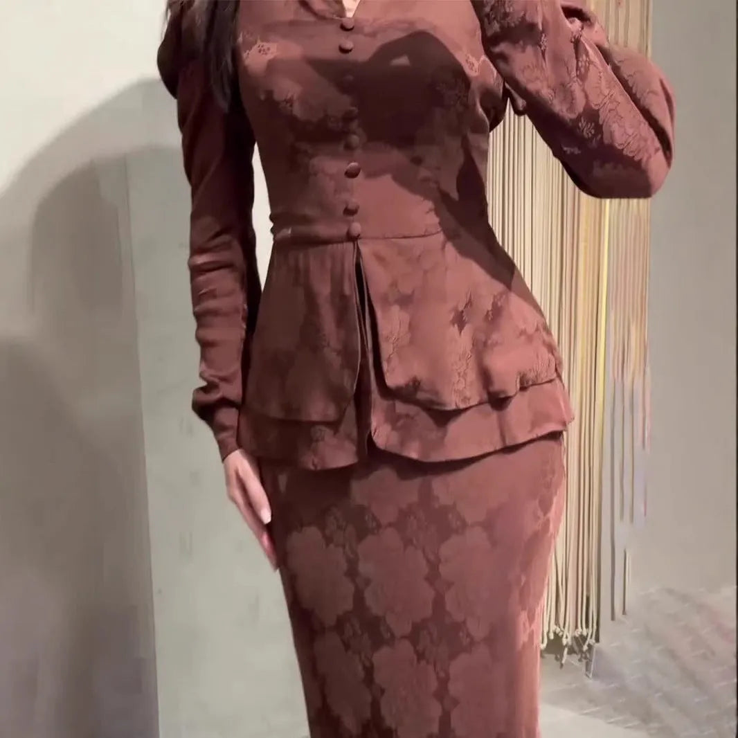 Dark brown artistic retro women's long dress with plant patterns, button details, and long sleeves
