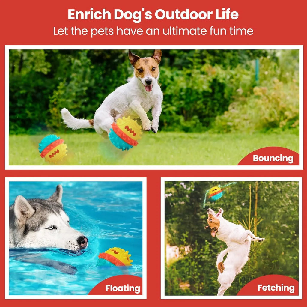 Blue and red TPR rubber dog ball with treat hole and squeaker for large breed chewers.