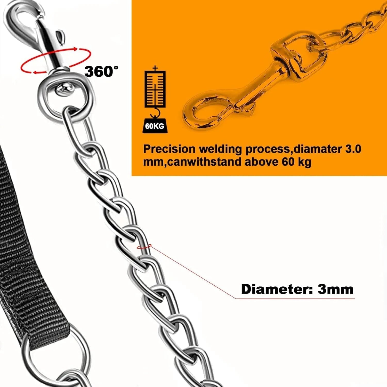 Heavy duty metal dog chain leash with a soft black padded handle, shown in red.