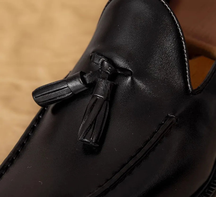 Men's black genuine leather slip-on loafers with rubber sole
