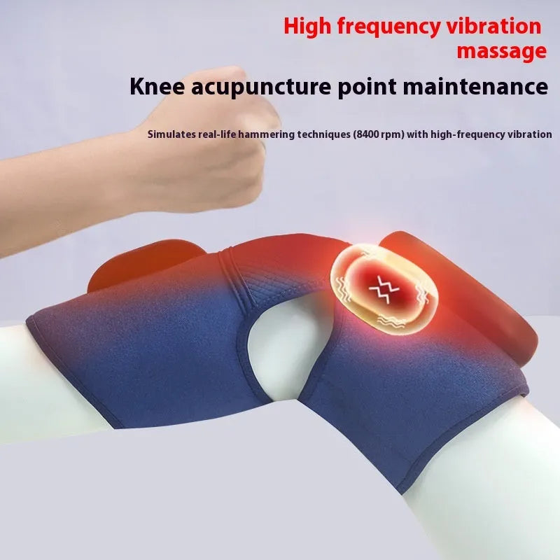 Blue self-heating knee massager wrap with adjustable straps, showing control panel.
