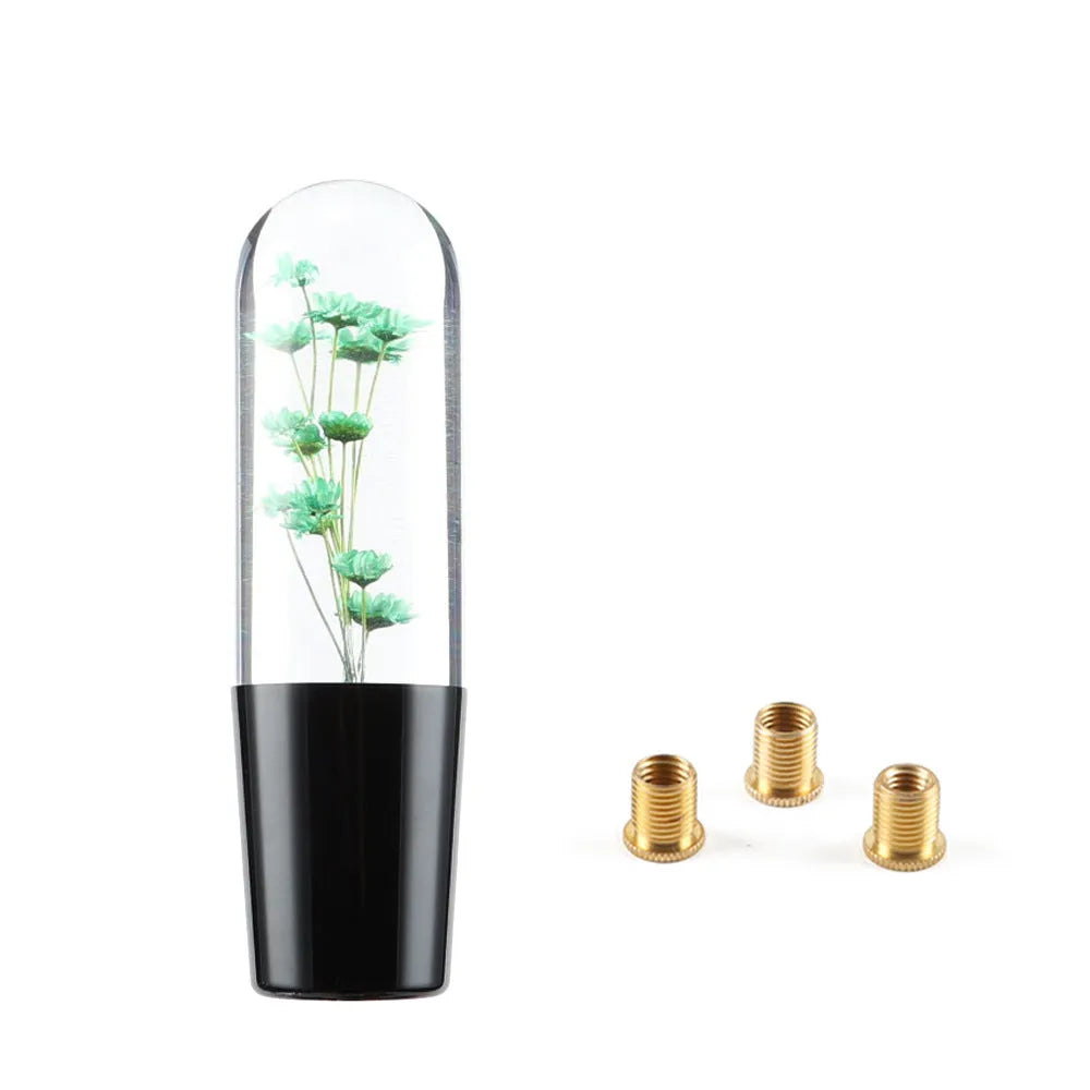 15cm transparent crystal car gear head with water flower design, shown with three metal adapters.