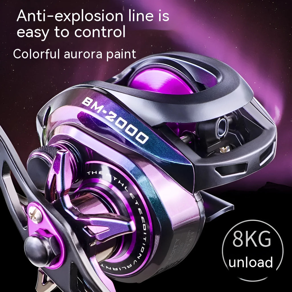 BM2000 fishing reel with colourful water drop wheel and magnetic brake system