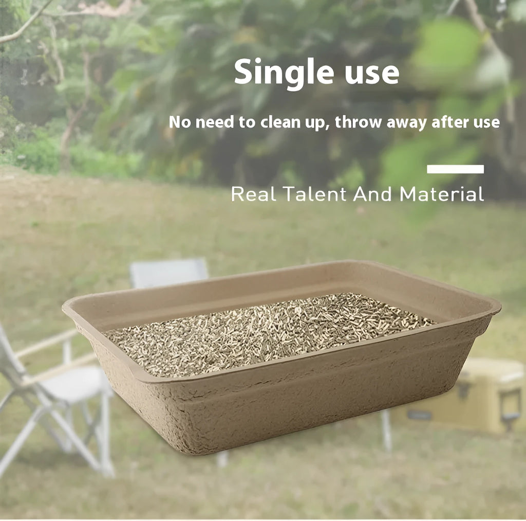 Brown biodegradable disposable cat litter box showing waterproof design with three size options