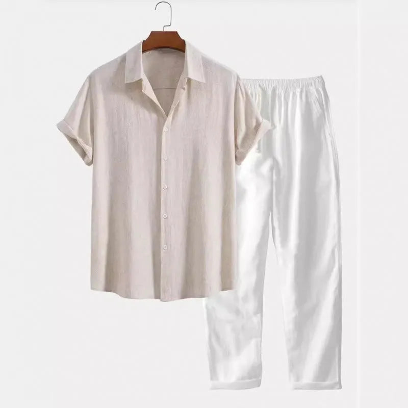 Men's casual linen-style suit set with short sleeve shirt and loose fit trousers in multiple colour options