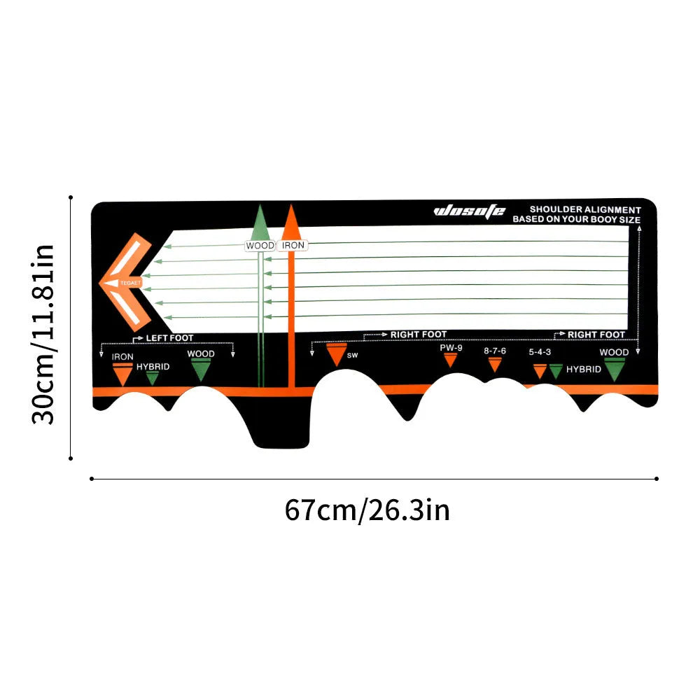 Black rectangular neoprene golf swing stance posture training pad on a green surface.