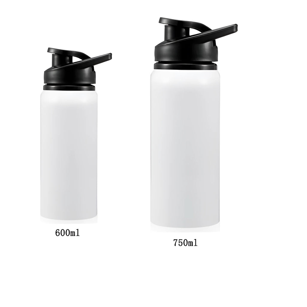 White aluminium sports water bottle for cycling and outdoor activities.
